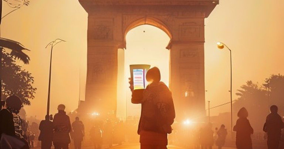 India travel eSIM guide eyecatch, traveler at India Gate New Delhi