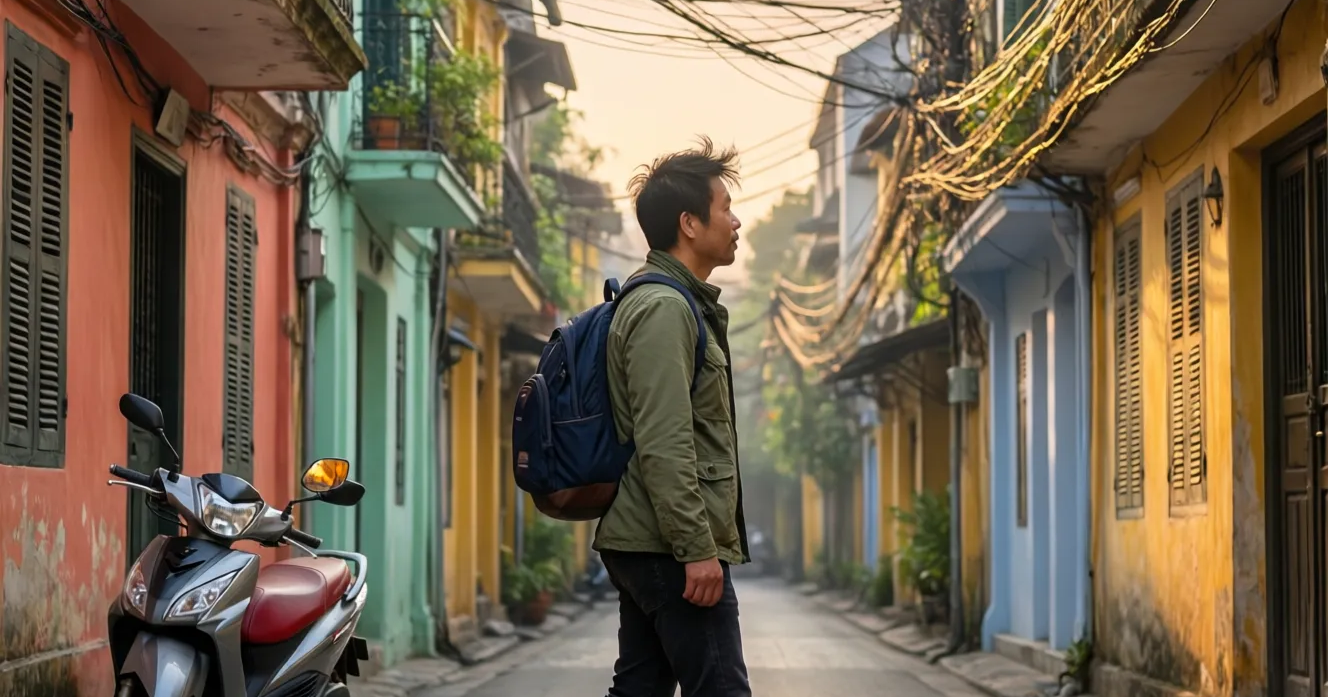 Reisender allein in einer ruhigen Gasse der Altstadt von Hanoi