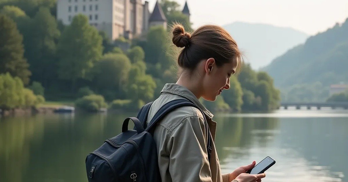 Traveler checking a smartphone by the Rhine river with a hillside castle in Germany
