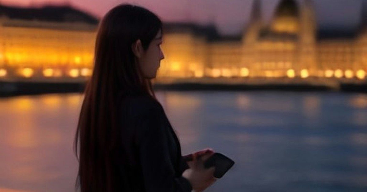 ブダペストのドナウ川沿いで国会議事堂の夜景を背にスマートフォンを手にする旅行者
