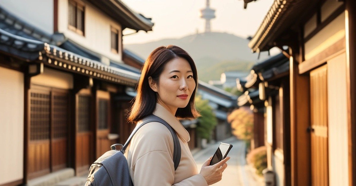 在首爾北村韓屋街道上拿著手機的旅人
