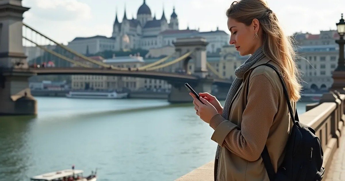 A traveler checking her phone on the Danube embankment in Budapest near the Chain Bridge