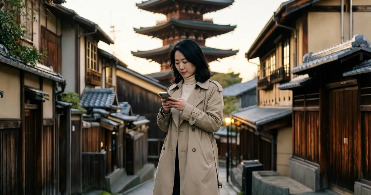 在京都八坂塔附近的石板小路上查看手機的旅客——日本旅遊 eSIM 指南